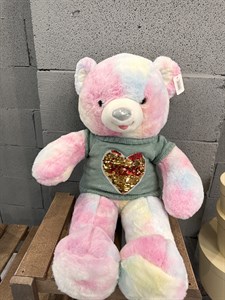 Мягкая игрушка Медведь цветной в свитшоте  цвета олива с пайетками