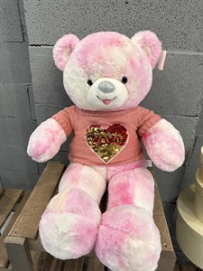 Мягкая игрушка Медведь цветной в свитшоте розовом с пайетками